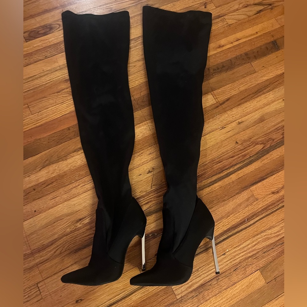Ego thigh high black stretch satin over the knee stiletto boot with metal heel